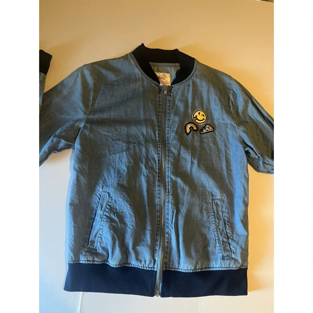 JUSTICE Sz 16/18 Jacket Denim Bomber Emoji Patches Coat Lyocell School Layering